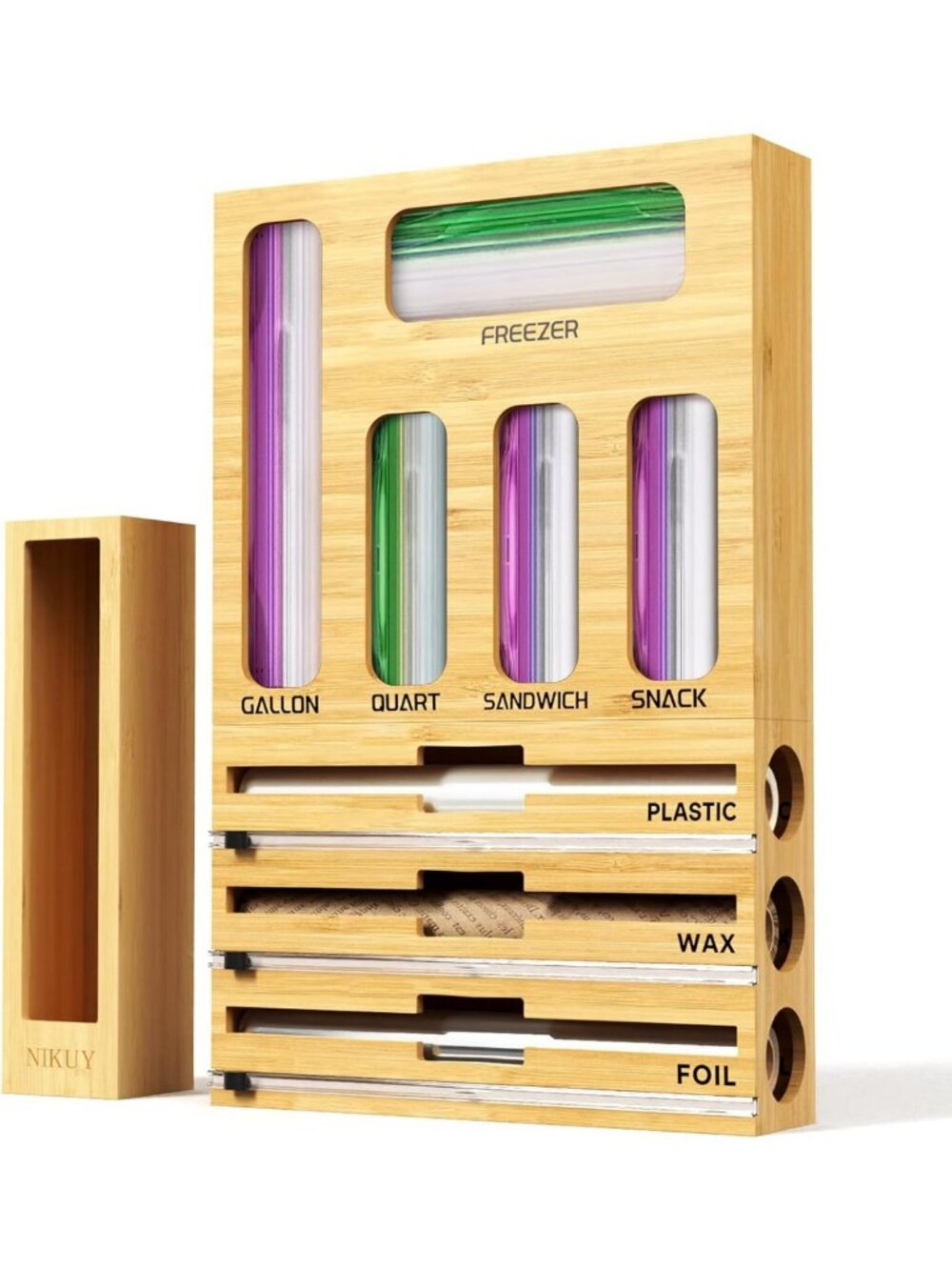 9-in-1 Bamboo Kitchen Organizer for Foil, Plastic Wrap & Food Storage Bags
